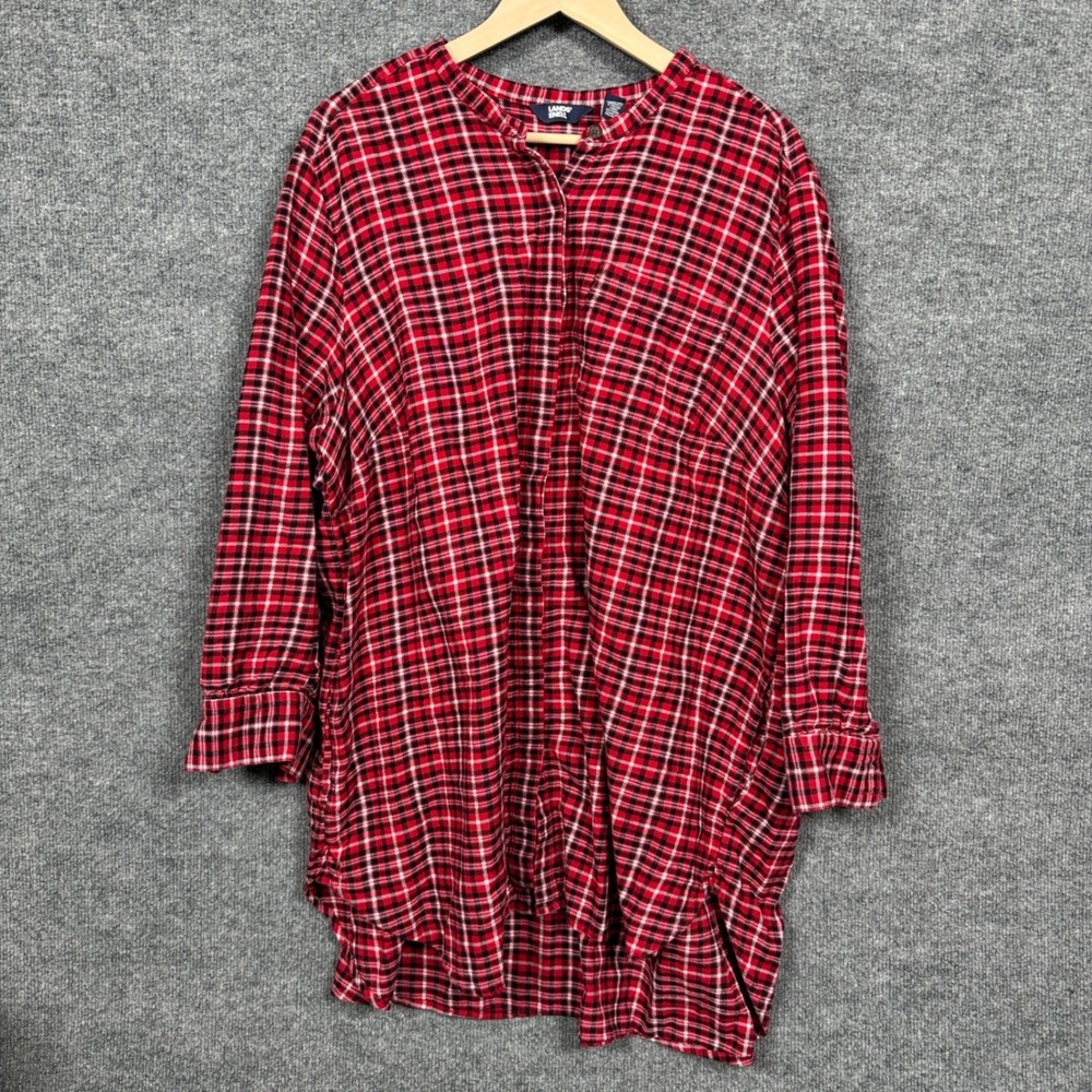 Lands'‎ End Plus Size 3X Flannel Tunic Shirt Red Cotton Plaid Button Up Pockets